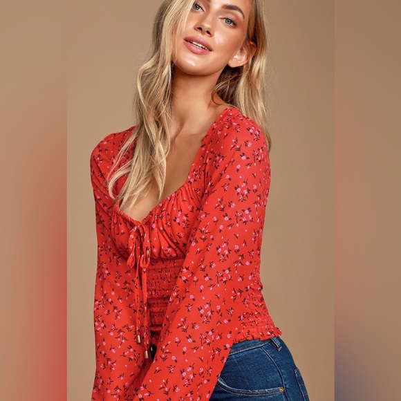 Free People Lolita Red Floral Print Ruffled Top - Size Large - Picture 3 of 14